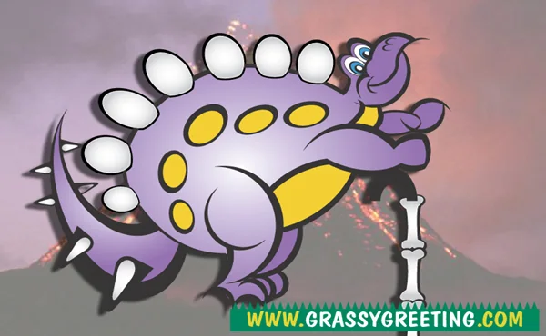 Purple cartoon dinosaur with yellow spots in front of an erupting volcano